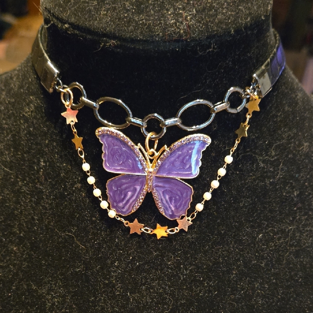 Hand Crafted Purple Butterfly Necklace with Gold Accents